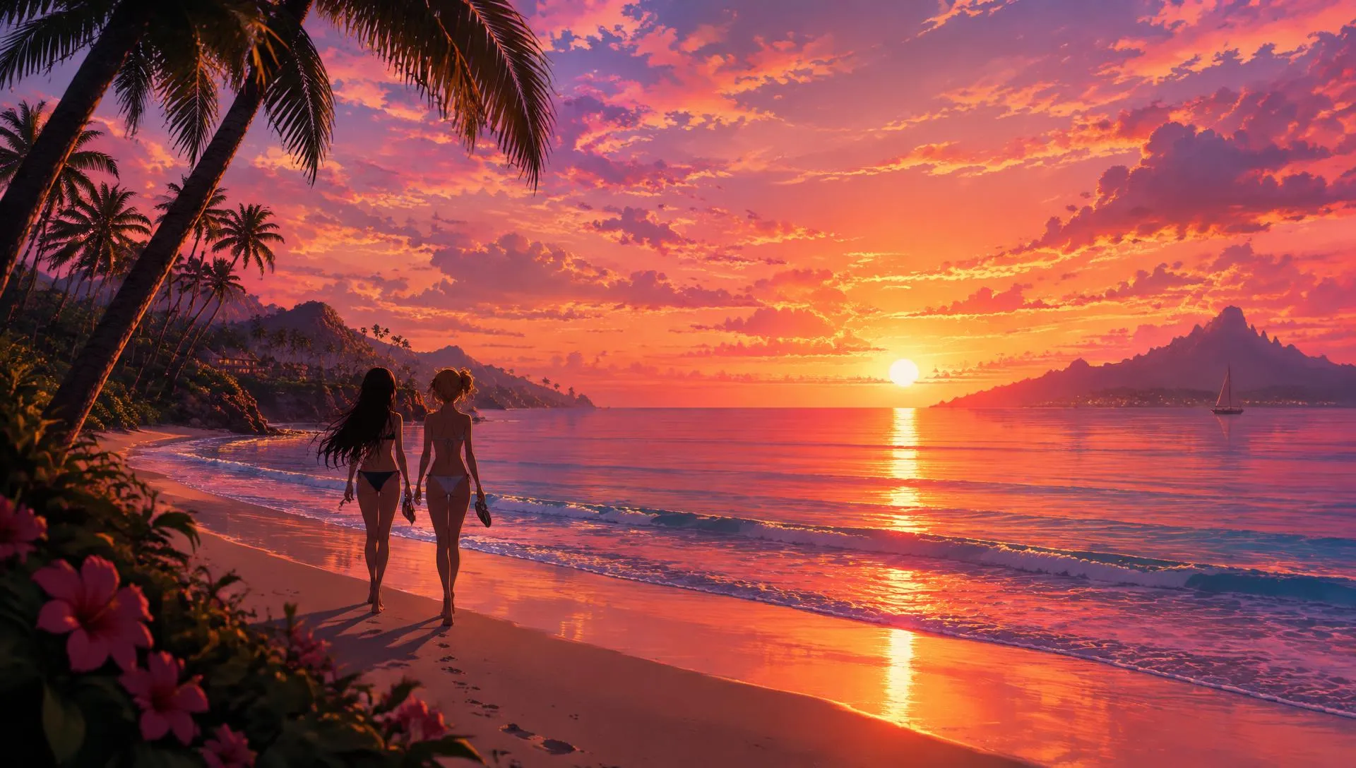 Anime girls walking on a tropical beach at sunset